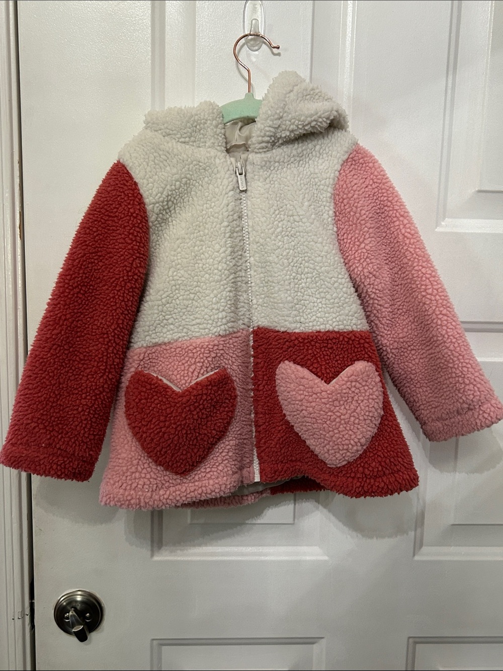 Carter's Pink, Red & Cream Plush Hooded Puffer with Heart Pockets